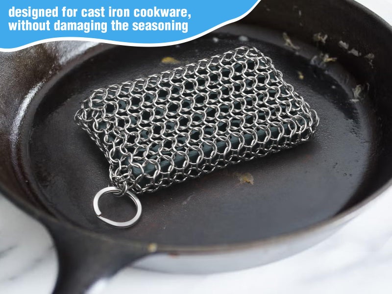 Herda Chain Mail Cast Iron Cleaner Scrubber,316 Chainmail Pan Scrubber Metal Cleaning Brush, Pad, Sponge Scraper to Clean Skillet,Dutch Oven, Wok,Grill Griddle,Chain Link Scrub Brush Pot Care Kit - Image 2